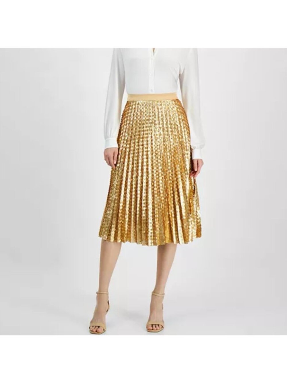 NEW T Tahari 8, 10, 12 Sequined Pleated Midi Skirt Women's Gold Back Zipper‎